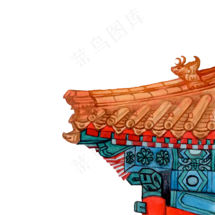 彩色手绘故宫屋檐装饰画,免抠元素