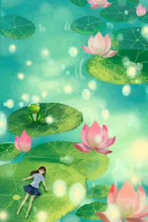 夏景立夏夏日绿色肌理荷花池女孩