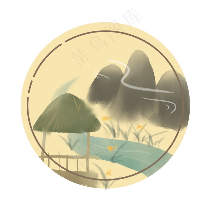 水墨山水草屋小溪手绘免扣