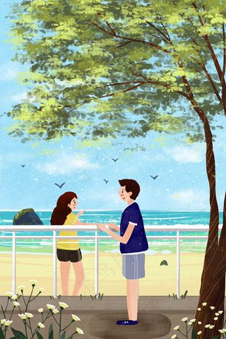 情侣夏日海边游玩小清新