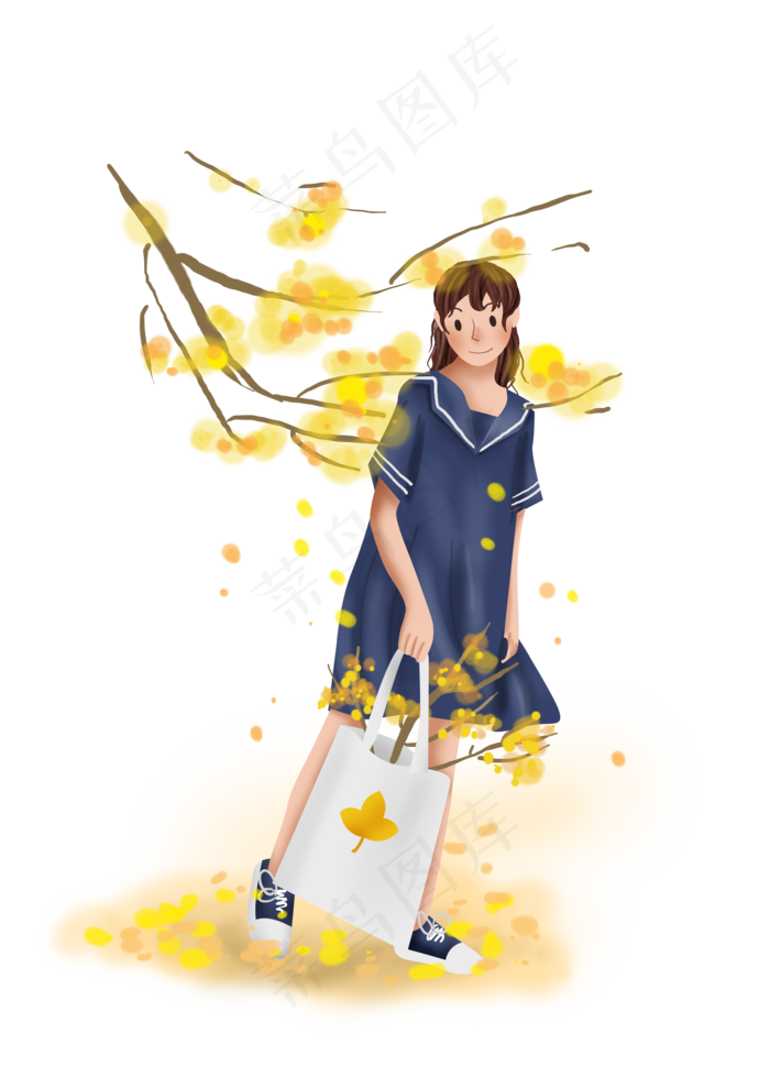 立秋秋天树下的女孩,免抠元素(3508*4961px 300 dpi )psd模版下载