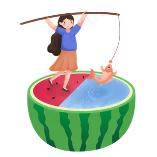 大暑女孩西瓜上钓鱼素材