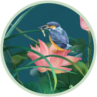 手绘花鸟壁画装饰画荷花,免抠元素