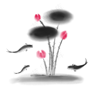 中国风水墨荷花锦鲤