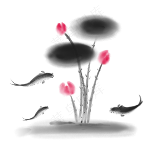 中国风水墨荷花锦鲤