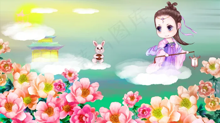 中秋富贵花朵金色月宫嫦娥飞天玉兔送月饼(2880*1620px 300 dpi )