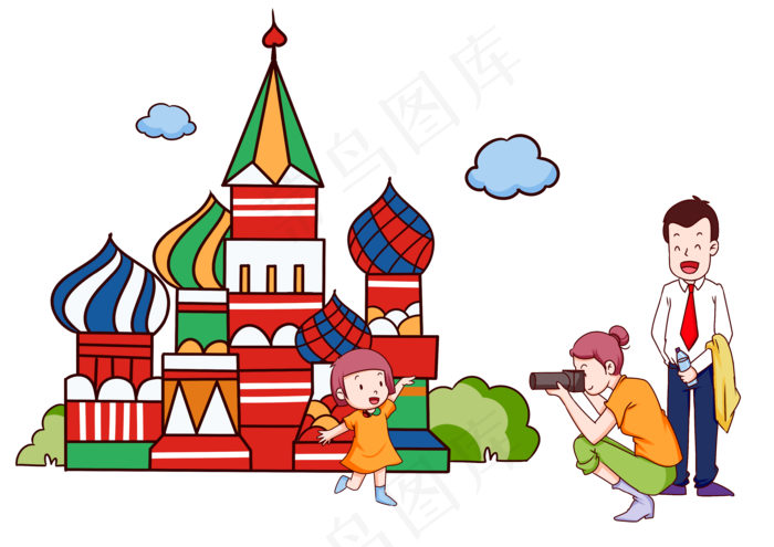 手绘俄罗斯旅游拍照插画,免抠元素