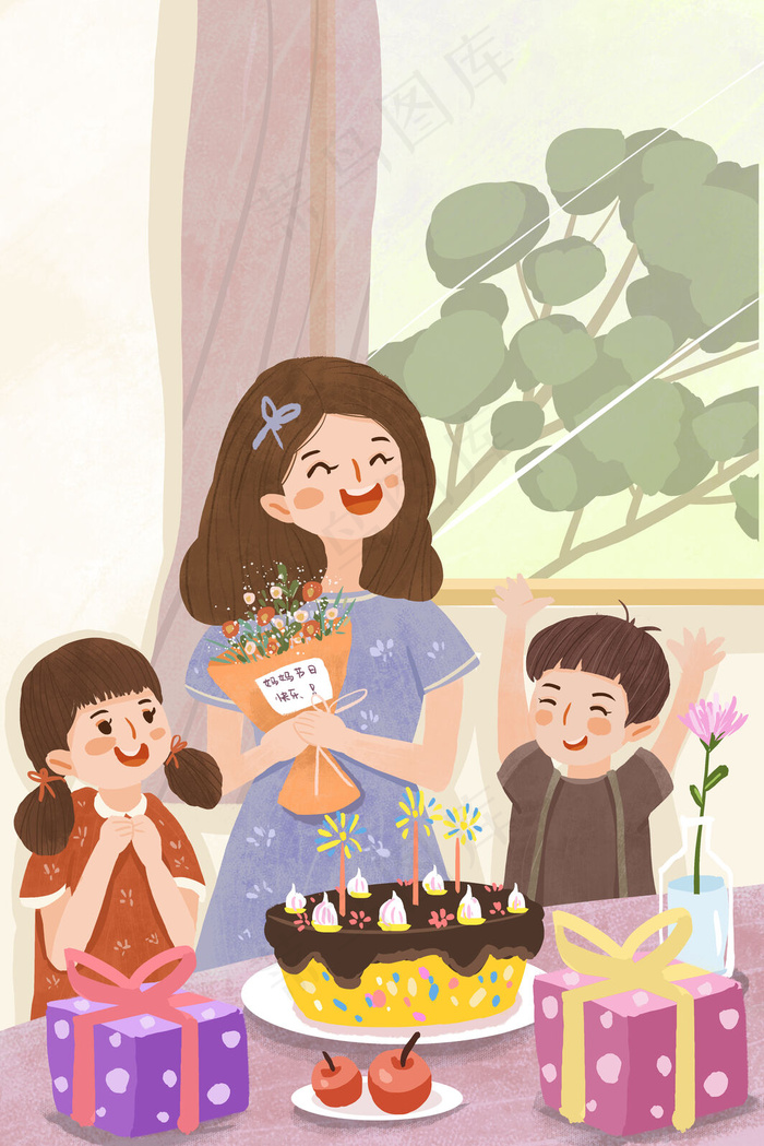 母亲节两个孩子给妈妈过节日