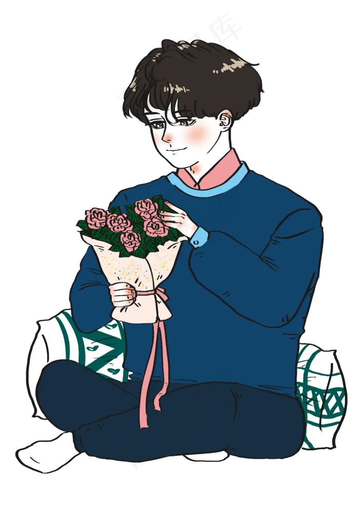 情人节玫瑰花束甜蜜腼腆男孩卡通(2480X3508(DPI:300))psd模版下载