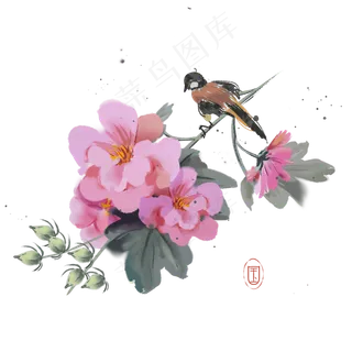 水墨花鸟花朵鸟儿素材,免抠元素