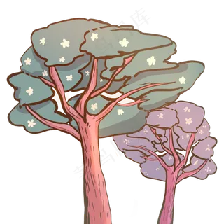 卡通绿树黄花两颗树儿童节素材