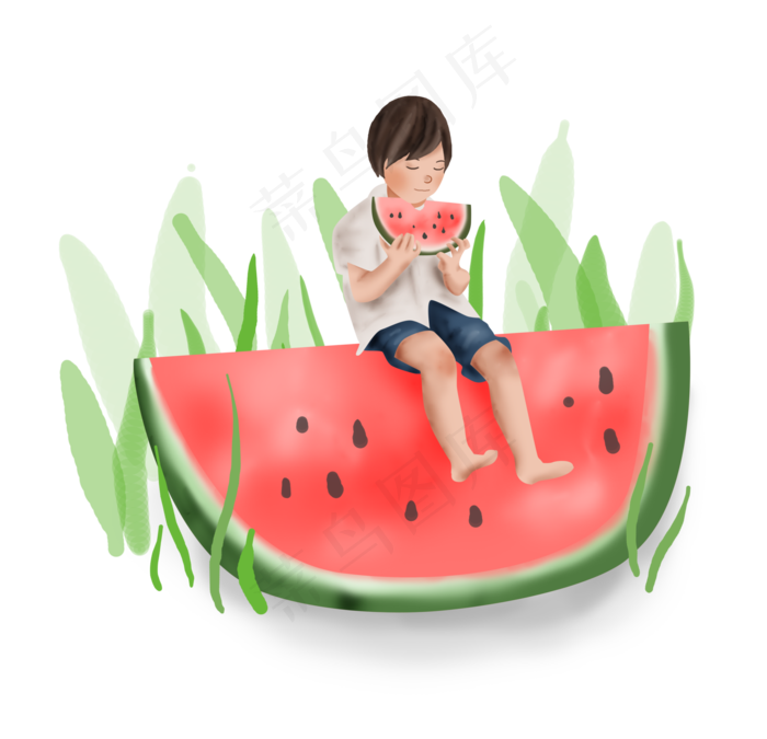 夏天吃西瓜的小孩
