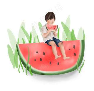 夏天吃西瓜的小孩