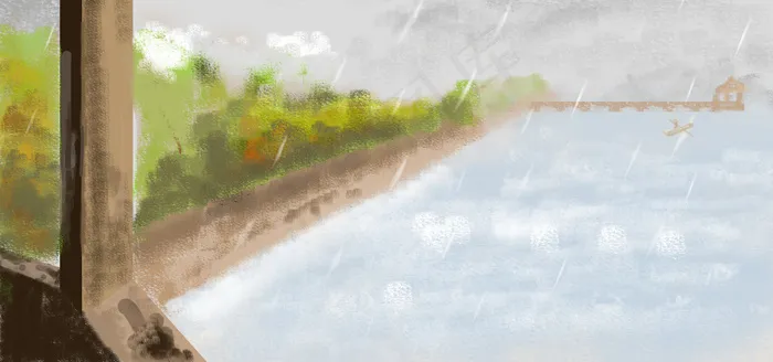 雨中池塘风景手绘(1920*900px 	       )psd模版下载