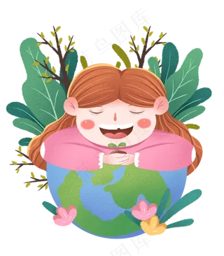 植树节抱着地球手捧植物的女生下,免抠元素