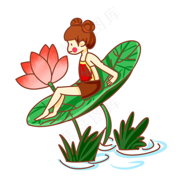 坐在荷花荷叶上的女孩