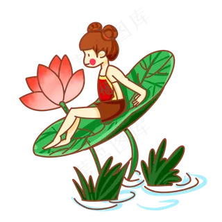 坐在荷花荷叶上的女孩