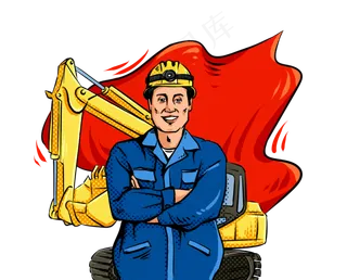 劳动节波普工人挖掘机红旗飘飘,免抠元素