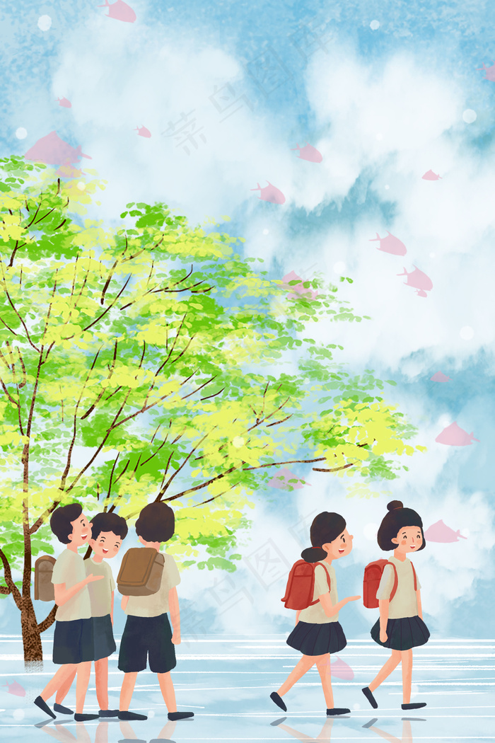 开学学生放假路上场景(3545*5315px 300 dpi )psd模版下载