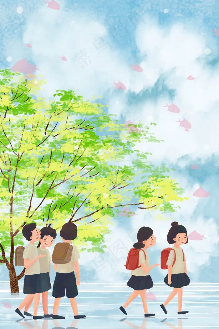 开学学生放假路上场景(3545*5315px 300 dpi )psd模版下载