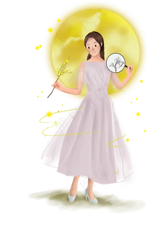 中秋节赏月的女孩,免抠元素