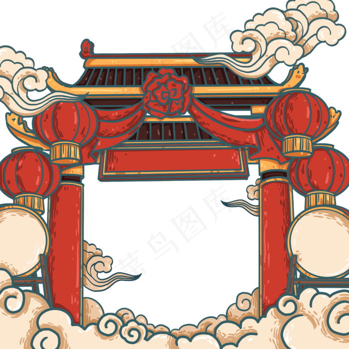 国潮节日牌坊祥云装饰(2000X2000(DPI:300))psd模版下载