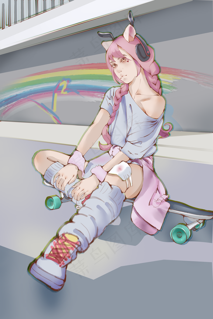 街头坐下的滑板美少女