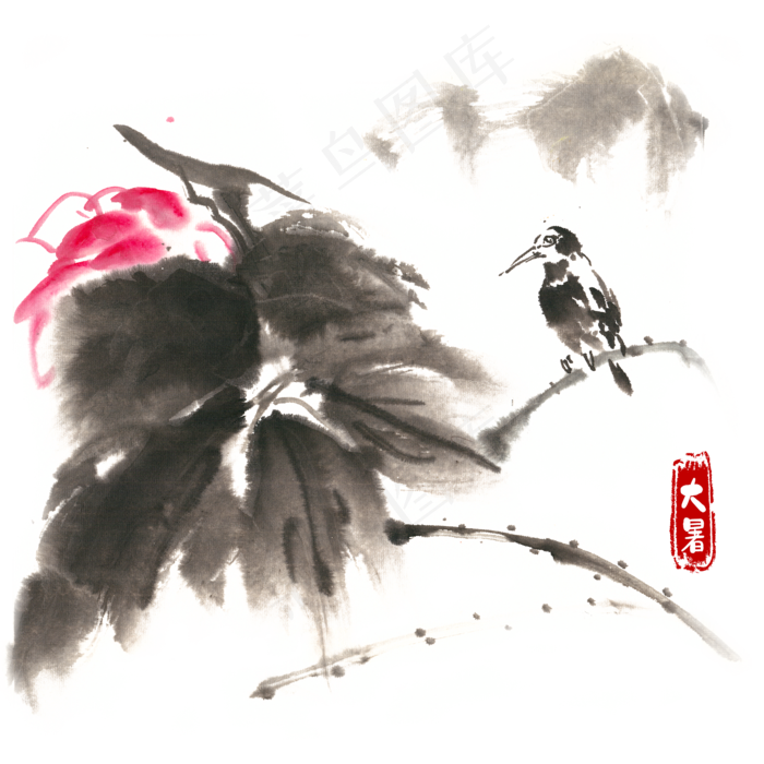 大暑荷花与小鸟,免抠元素