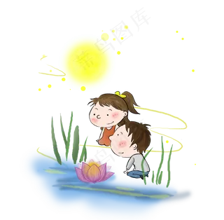 中秋节赏看河灯的女孩和女孩,免抠元素