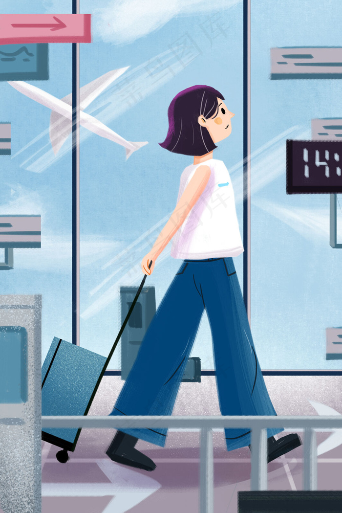 51劳动节少女旅游旅行机场飞机卡通插画