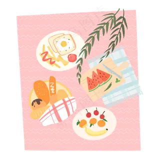 春天野外聚餐手绘小场景,免抠元素