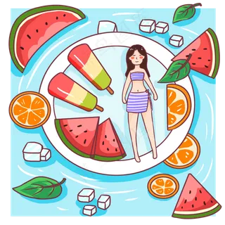 小暑蓝色卡通元素解暑食物