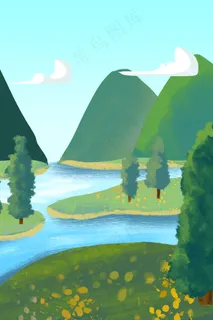 绿色小清新清明踏青手绘风山水