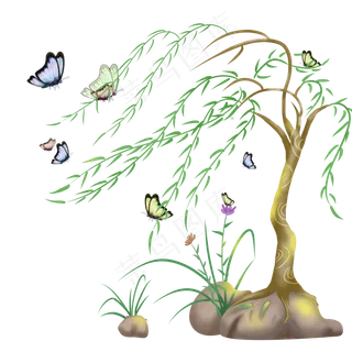 绿色草地风吹柳叶PNG