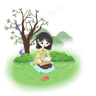 春分看书的小女孩,免抠元素