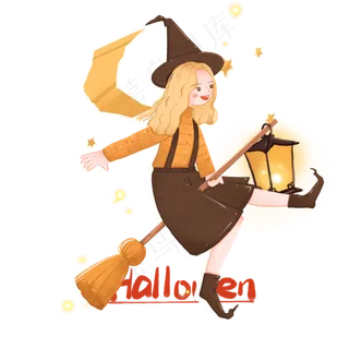 万圣节金发飞天小魔女,免抠元素