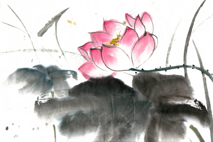 荷花水墨画PNG免抠素材