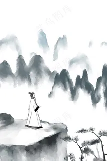 水墨风眺望高山风景的人
