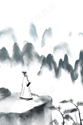 水墨风眺望高山风景的人
