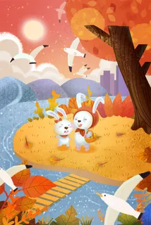 立秋秋风秋天秋季黄色丰收小熊与兔子