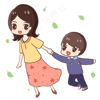 母亲带着儿子散步