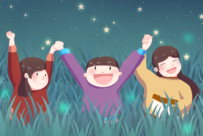 童年生活夏日捉萤火虫插画分层源