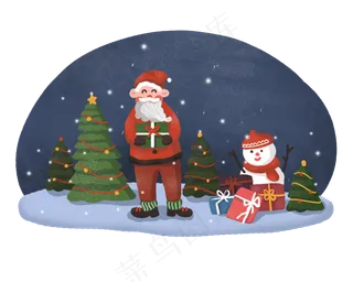 圣诞节圣诞夜圣诞老人礼物和雪人,免抠元素