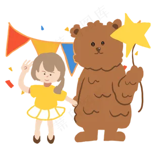 六一儿童节小女孩与小熊牵手玩耍