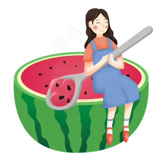 小暑女孩吃西瓜png素材