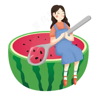 小暑女孩吃西瓜png素材