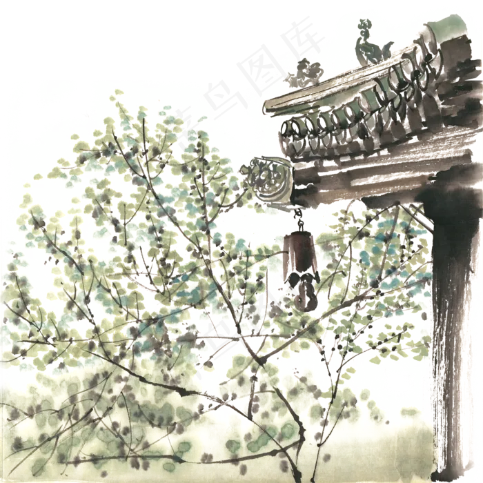 寺庙的春天水墨画PNG免抠素材