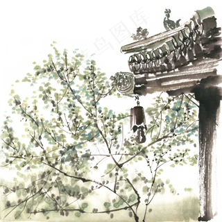寺庙的春天水墨画PNG免抠素材