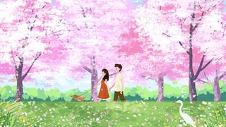 情侣樱花树下散步治愈系小清新横图