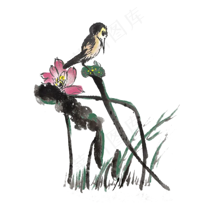 花鸟莲花手绘水墨,免抠元素